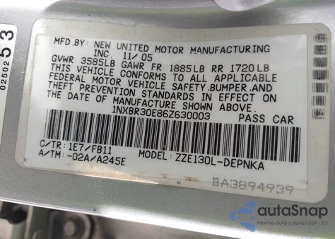 2006 Toyota Corolla Le z USA, uszkodzony, nr VIN 1NXBR30E86Z630003